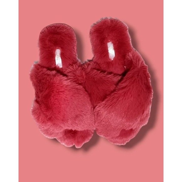 Flora Berry Rouge Super Soft Fuzzy Faux Fur Crossband Womens 7/8 House Slippers - Picture 6 of 16
